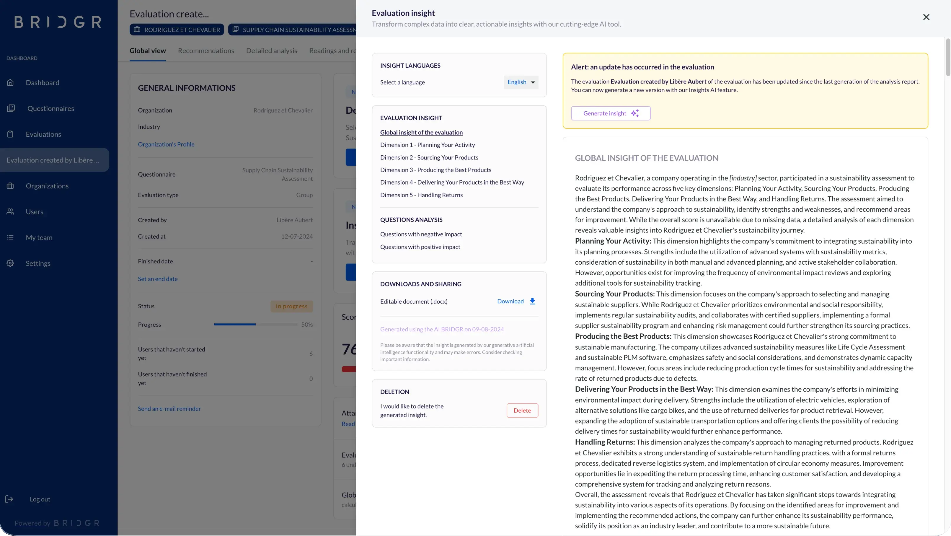 BRIDGR AI-generated evaluation insight panel showing a written summary of the client's sustainability assessment broken down by dimension, with options to select insight language and download an editable report