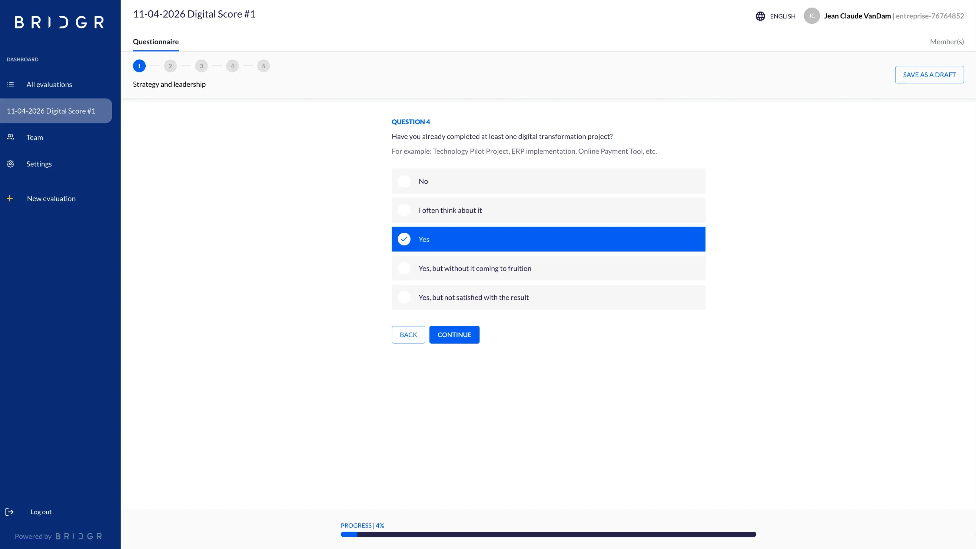 BRIDGR questionnaire screen showing Question 4 of the Strategy and Leadership section, a multiple-choice question about completed digital transformation projects, with a 4% progress bar at the bottom