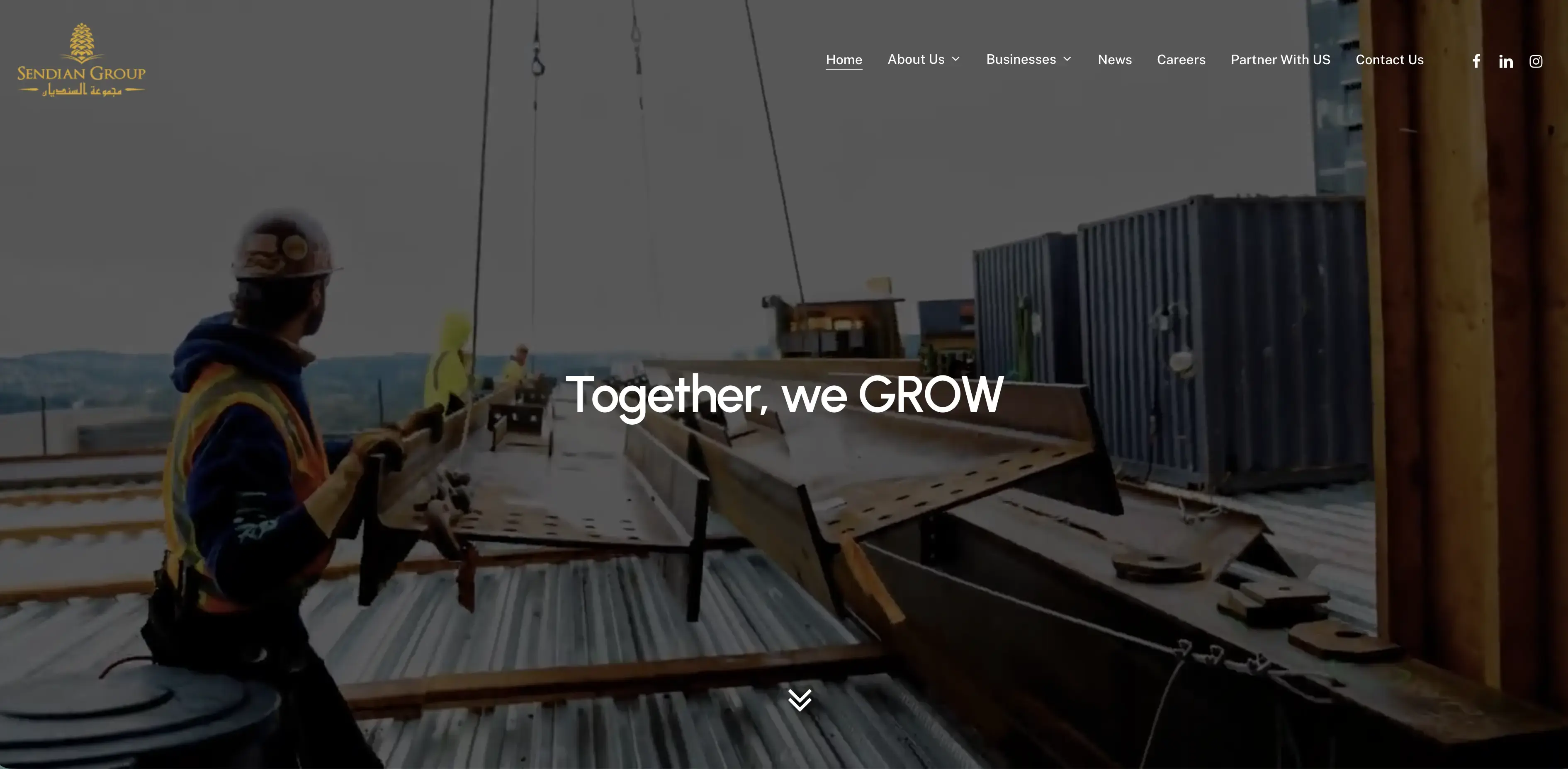 Sendian Group homepage hero section with full-screen construction site video background and the tagline "Together, we GROW"