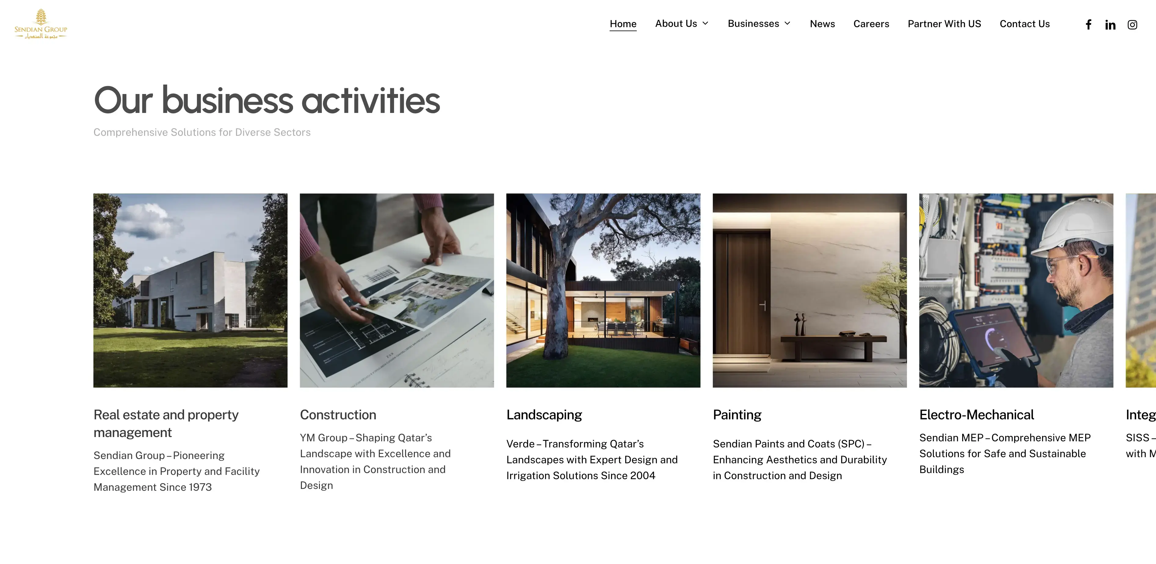Grid of Sendian Group's business divisions including real estate, construction, landscaping, painting, and electro-mechanical services, each with a photo and short description