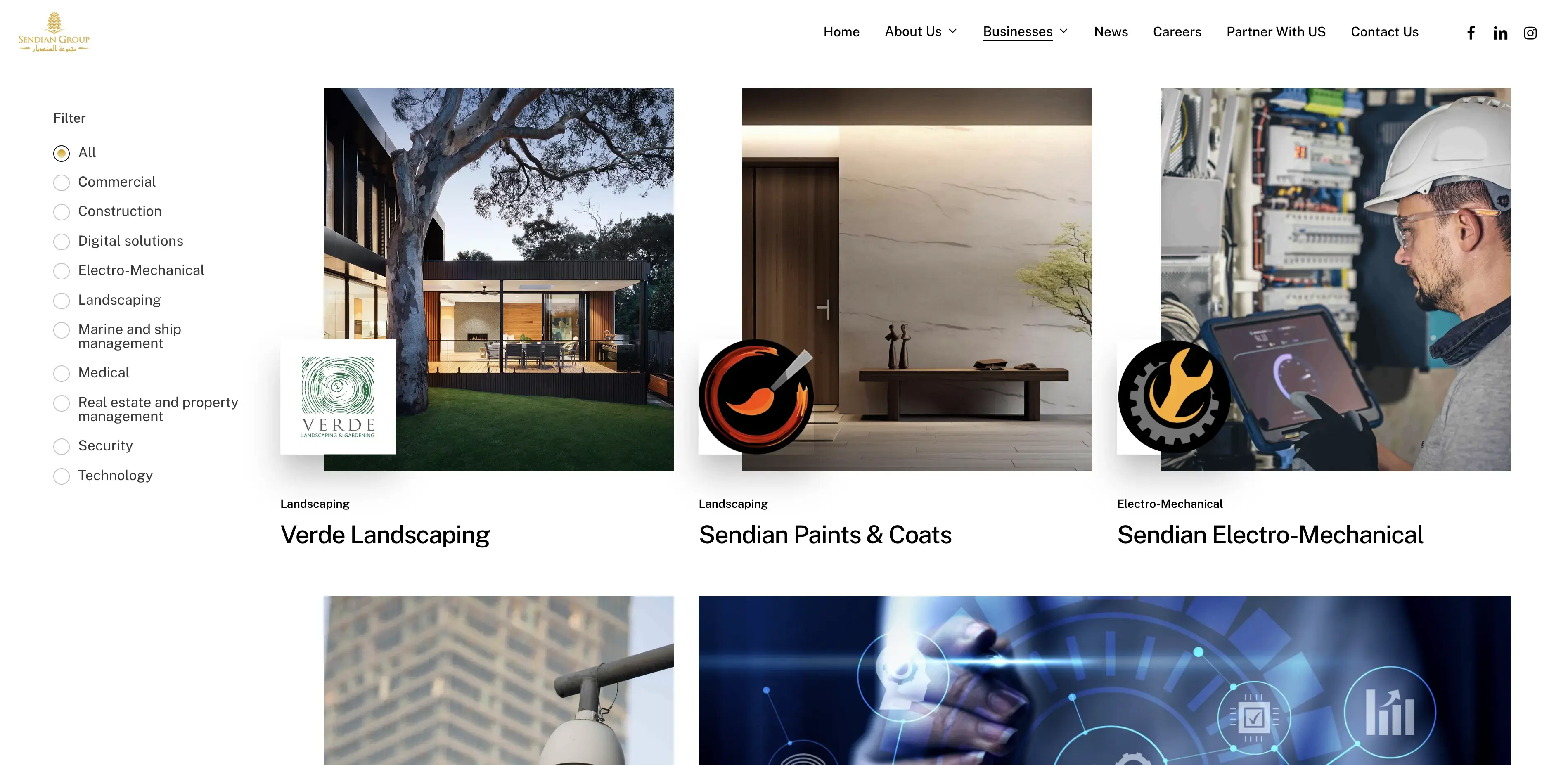Sendian Group businesses page with a category filter sidebar (Commercial, Construction, Digital Solutions, Electro-Mechanical, and more) and a grid of business cards including Verde Landscaping and Sendian Electro-Mechanical